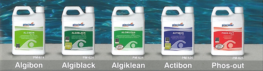 Productos químicos para piscinas, cloro, alguicidas, reductor de PH, etc